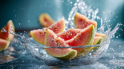 Fresh watermelon slices create an energetic splash in a clear bowl surrounded by water droplets in a bright setting
