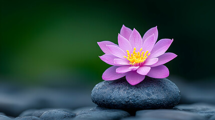 Fototapeta premium Pink lotus flower on stones, serene garden background, tranquility, meditation