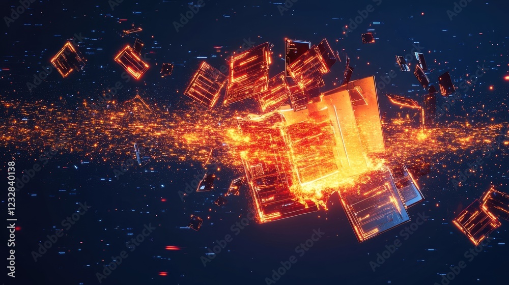 Fototapete Exploding Digital Data Blocks in Cyberspace