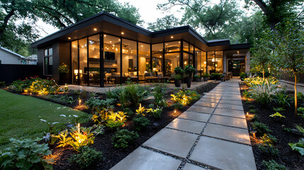 Fototapeta premium Modern house backyard pathway landscape lighting