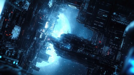 Futuristic Space Station Orbiting a Blue Planet