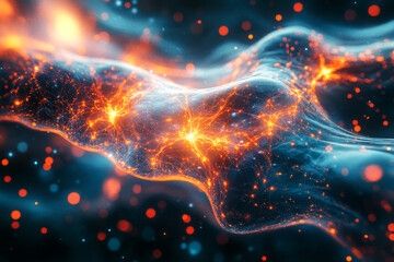 Obraz premium A close-up view shows neural connections firing, with electrical impulses traveling along nerve fibers, glowing brightly in a pulsating web of light, symbolizing energy and futurism