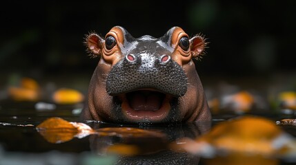 Fototapeta premium Playful hippopotamus in water, leaves in background; wildlife, nature