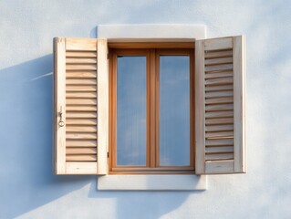 Fototapeta premium open wooden shutters on a window of a house with light blue wall