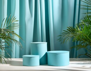 décor doux et bleu avec des rideaux et des podiums pour tournage, interviews ou spectacle en ia