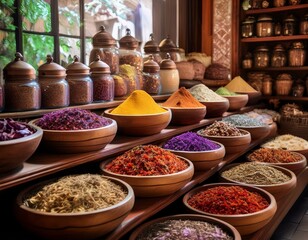 Fototapeta premium sélection d'épices dans un boutique d'un vendeur du maroc, herbes et épices colorés et gourmandes en ia