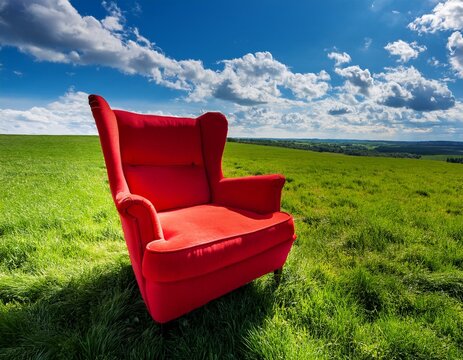 Un fauteuil rouge pos&eacute; dans une prairie d'herbe verte luxuriante, sous un ciel bleu avec des nuages ​​blancs moelleux en arri&egrave;re-plan en ia