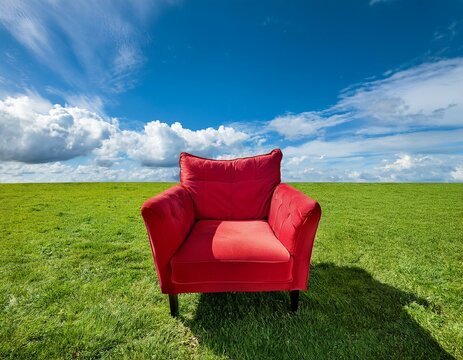 Un fauteuil rouge pos&eacute; dans une prairie d'herbe verte luxuriante, sous un ciel bleu avec des nuages ​​blancs moelleux en arri&egrave;re-plan en ia