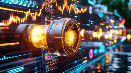 Modern digital data visualization with glowing elements and vibrant graphs showcasing analytics and trends