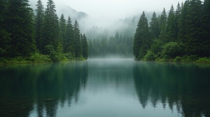 Fototapeta premium Misty morning reflections on a tranquil lake surrounded by dense forested mountains