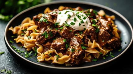 Plate of beef stroganoff with noodles. the beef is cooked in a rich, dark brown sauce and is garnished with chopped parsley. the noodles are fettuccine and are arranged in a pile on top of the beef.