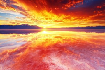Fototapeta premium Vibrant Sunset Over Calm Water with Dramatic Sky and Mountains