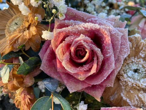 Gefrorene Blumen im Trauerkranz nach Beerdigung auf dem Friedhof
