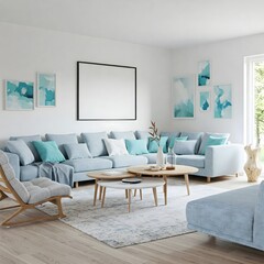 A bright and airy living room bathed in natural light from large,paned windows overlooking a lush garden. The room is anchored by a plush, light colour sectional sofa adorned with soft, neutral pillow