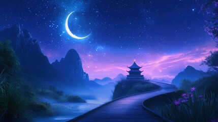 Fototapeta premium Crescent Moon Night Landscape Pagoda, Misty Mountains, and Starry Sky
