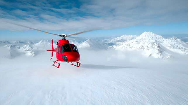 Red helicopter flying over snowy mountains