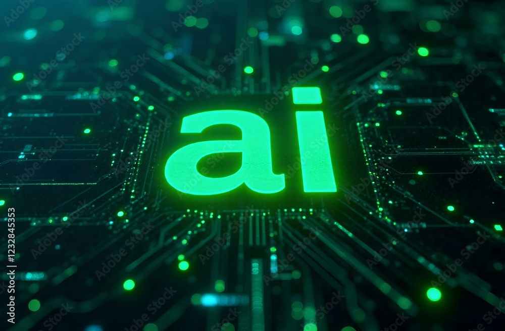 Fototapete glowing green ai text with a futuristic and digital aesthetic, illuminated in a dark setting. a bann