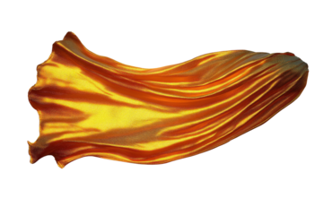  Flowing golden silk fabric captured in motion with smooth texture isolated on transparent background.