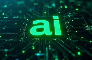 Glowing green AI text with a futuristic and digital aesthetic, illuminated in a dark setting. A banner design featuring advanced technology, artificial intelligence, data science, and innovation
