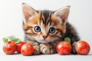 Adorable Bengal Kitten with Golden Fur and Fresh Red Fruit
