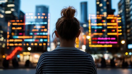 A solitary figure gazes at a vibrant cityscape illuminated by reflections of colorful lights, evoking a sense of wonder and contemplation.