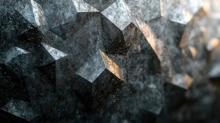 Dark metallic geometric surface with glowing particles