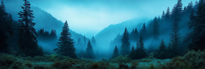 A serene panoramic view captures the mysterious redwood forest at dusk, with giant trees silhouetted against a deep blue sky and the fading light casting shadows over the cool landscape, banner