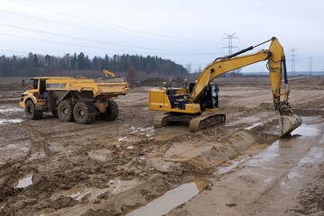 Working excavator and dumper truck on construction site while building highway © Iwona