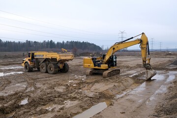 Working excavator and dumper truck on construction site while building highway