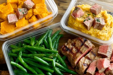 Obraz premium Meal Prep: Delicious and healthy meal prep containers with grilled steak, sweet potato cubes, mashed potatoes, and green beans. Perfect for a balanced and nutritious diet.