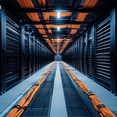 Fototapeta premium clean and efficient data center with organized fiber optic cables, showcasing modern technology and infrastructure. vibrant orange cables contrast with sleek black racks, creating visually