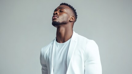 Obraz premium A young man in a white blazer calmly poses