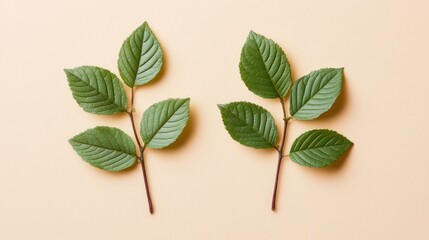 Two Green Leaf Branches on Beige Background