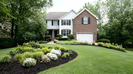Suburban brick house, landscaped yard, green trees. Real estate listing