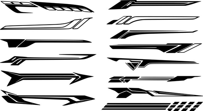 Sport car decal stripes. Car tuning finish flag stickers, speed racing stripes. White markings for transport. Isolated on black b