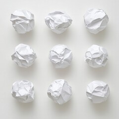 nine crumpled paper balls on a white background