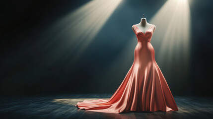 Fototapeta premium stunning evening gown displayed on mannequin, illuminated by soft spotlighting, creates elegant atmosphere. flowing fabric and graceful design highlight luxury and sophistication