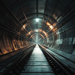 massive underground transportation network featuring illuminated tracks and long tunnel perspective, evoking sense of depth and mystery