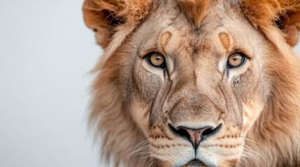 Fototapeta premium Lion gazes directly at the camera with striking amber eyes and majestic mane in a soft studio setting