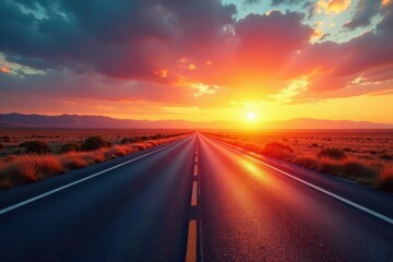 Sun-drenched highway stretches to distant horizon, vibrant sunset hues , background, motion