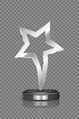 Silver award trophy. Metal platinum star shaped cup on transparent background. Realistic vector illustration of winners cup for sport competition, business achievement, recognition, leadership