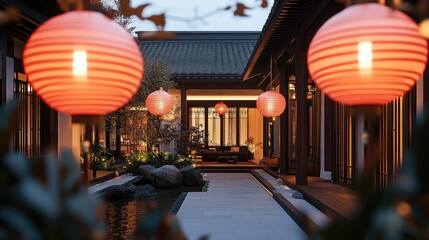 Illuminated Courtyard with Traditional Asian Lanterns