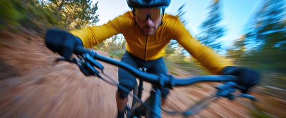 Obraz premium Cyclist speeds on mountain bike trail, pine forest background. Action shot, sports