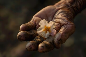 Contrasting Textures: Weathered Hand Holding Delicate Flower - Symbol of Life's Fragility