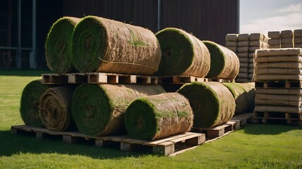 Close up of pallets with sod turf grass, rolled grass lawn is ready for laying. stacks of sod rolls, Rolled Sod Grass – The Perfect Lawn Solution