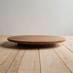 Empty wooden round plate on the table, Photo empty round wooden table spring time blossoms with Wall background for mockup