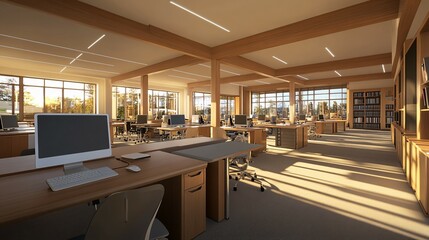 Modern Office Workspace With Large Windows and Wooden Beams