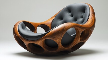 Wood frame rocking chair with black cushion.