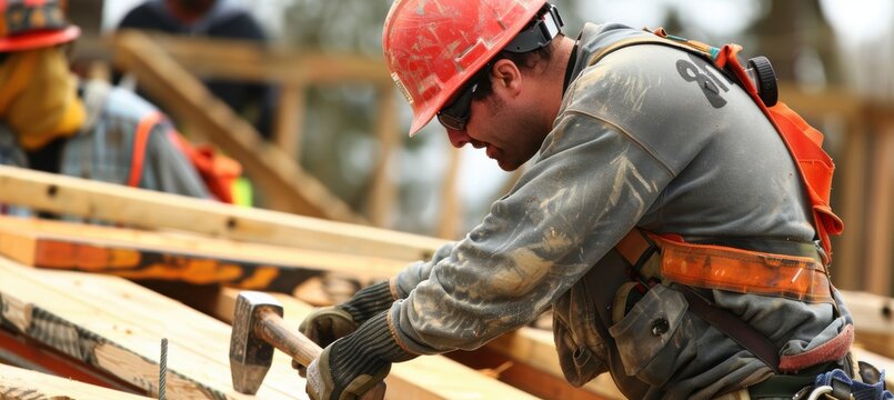 Construction Safety Training: Worker Demonstrating Proper Hammering Techniques in Protective Gear