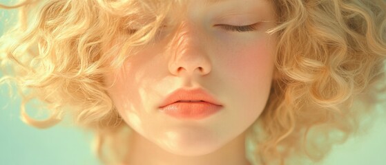 close-up portrait of a young woman with blonde curly hair and closed eyes